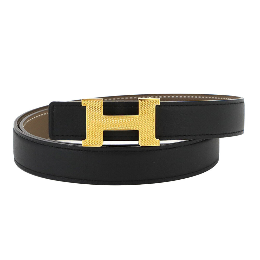 Hermes Mini Constance Guilloché Reversible Belt, Swift Epsom Leather, Black E...